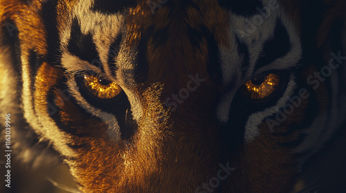 Close-up of a tigerâ€™s face with glowing golden eyes and intense expression, showcasing detailed fur texture photo