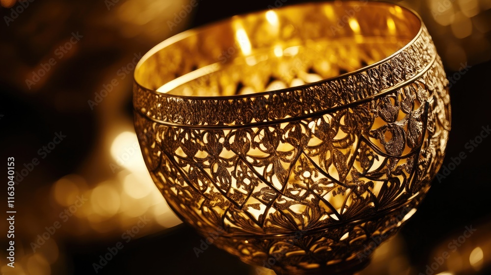 A close-up of an intricately designed golden bowl, showcasing craftsmanship and elegance. A close-up of an intricately designed golden bowl, showcasing craftsmanship and elegance.
