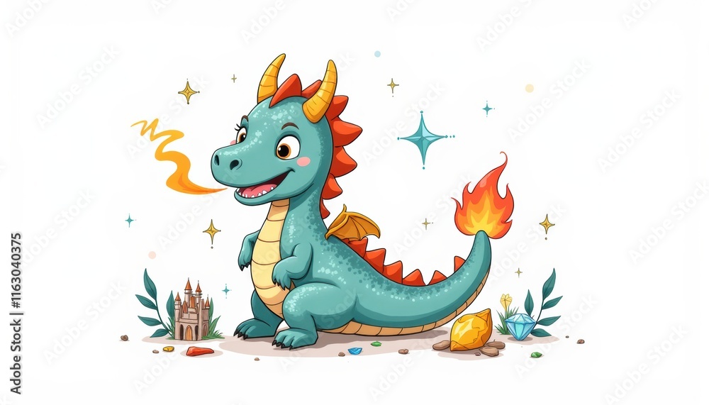 Fototapeta premium Cute cartoon dragon with tiny wings and magical doodles