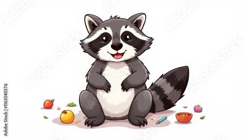 Cute cartoon raccoon sitting with playful accessories doodles photo