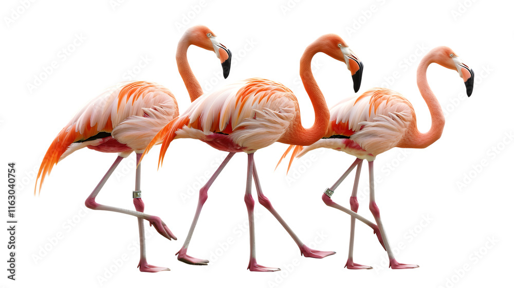 Obraz premium Gracefully standing elegant pink flamingos, isolated on white background 