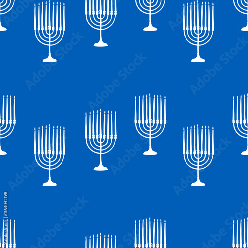 Hand drawn traditional Hanukkah menorah seamless pattern in blue and white colors