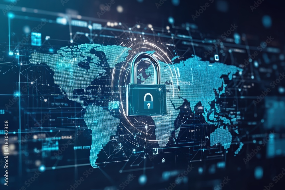 modern padlock symbol overlaid with a world map and digital elements, all in hues of blue. The scene represents global cybersecurity