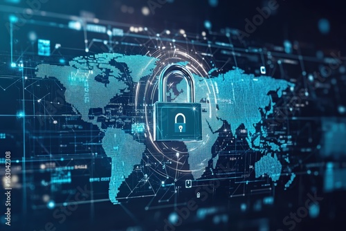 Obraz na płótnie modern padlock symbol overlaid with a world map and digital elements, all in hues of blue. The scene represents global cybersecurity w salonie