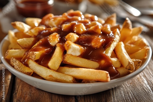 classic Canadian poutine, featuring crispy golden fries smothered in rich, savory gravy, topped with generous chunks of squeaky cheese