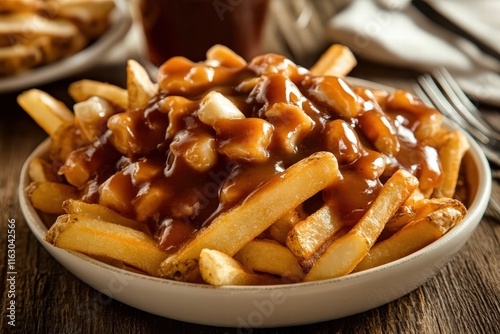 classic Canadian poutine, featuring crispy golden fries smothered in rich, savory gravy, topped with generous chunks of squeaky cheese