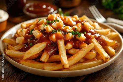 classic Canadian poutine, featuring crispy golden fries smothered in rich, savory gravy, topped with generous chunks of squeaky cheese photo