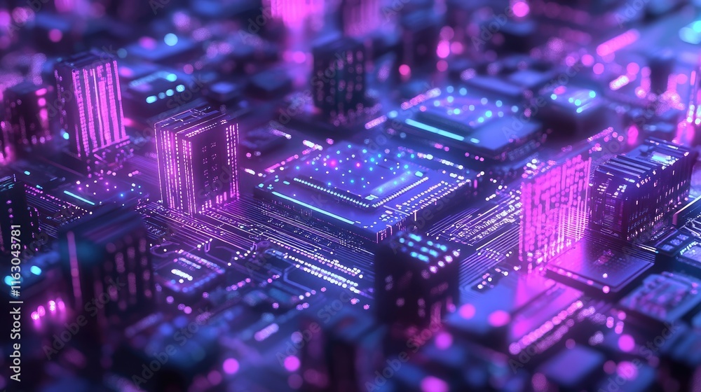 Obraz premium A vibrant, abstract representation of a futuristic circuit board with glowing elements.
