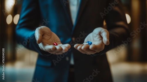 A person in a suit presents two choices, a red pill and a blue pill, symbolizing decision-making and dilemmas in a dimly lit setting, creating a mysterious atmosphere.