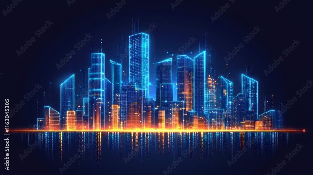 A futuristic city skyline illuminated in blue and orange hues, showcasing modern architecture. A futuristic city skyline illuminated in blue and orange hues, showcasing modern architecture.