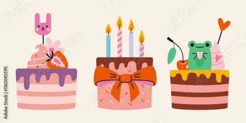 Set with cute celebration cakes with decor and Birthdays burning candles. Trendy modern vector illustration isolated on background, hand drawn, flat design