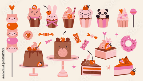 Set with cute cakes, cupcakes and sweets with kawaii animals and berries. Delicious desserts with chocolate and decor. Trendy modern vector illustration isolated on background, hand drawn, flat