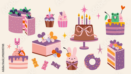 Set with cute cakes, cupcakes and sweets with decor and Birthdays celebration burning candles. Trendy modern vector illustration isolated on background, hand drawn, flat design
