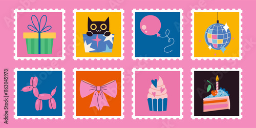 Set of cute hand-drawn post stamps with bright celebration elements like cupcake, cake, gifts, balloons, Disco Ball and bow. Festive party decor. Trendy modern vector illustartions, flat design