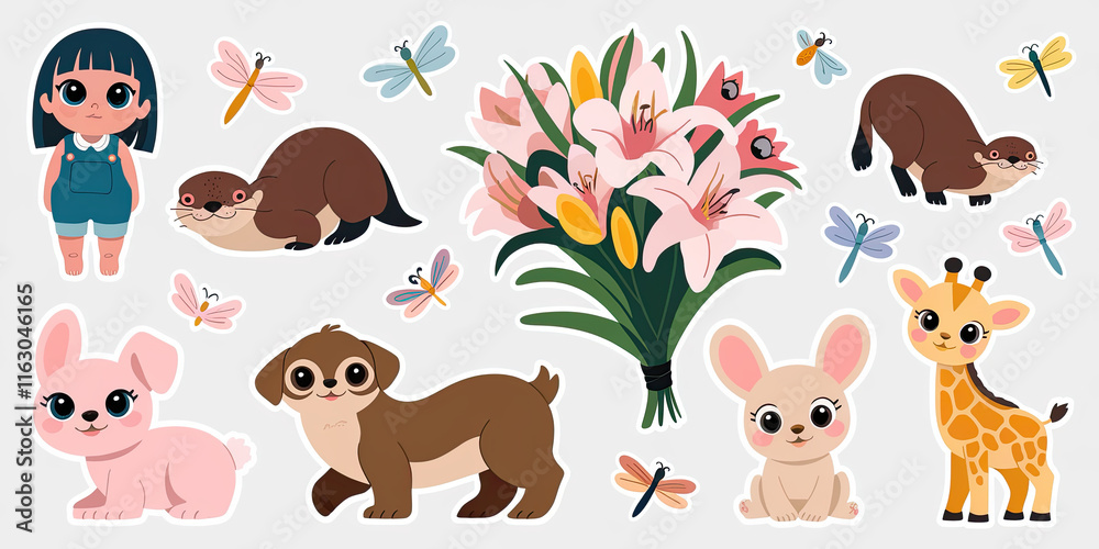 Fototapeta premium Cute Animal Stickers Bunny Dog Otter Giraffe Girl Flowers Dragonflies