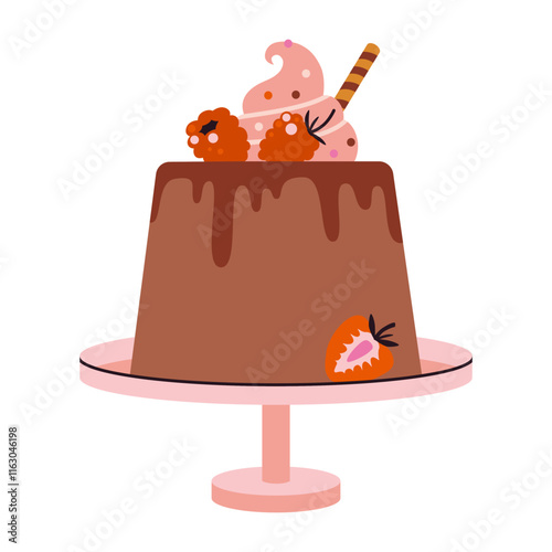 Cute cake on stand with berries like raspberries. Delicious desserts with cream, chocolate glaze topping, festive decor and sprinkles. Trendy modern  isolated vector illustration, hand drawn, flat