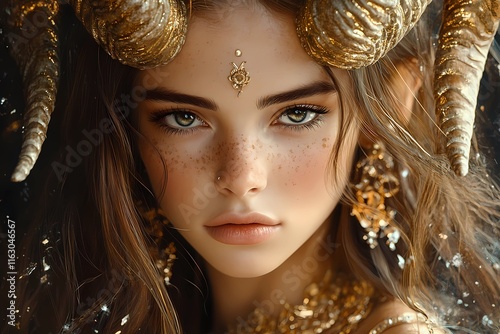 Close-Up of Beautiful Woman with Capricorn Zodiac Horns, Freckled Face, Golden Details, Mystical Jewelry, and Dark Ethereal Background, Featuring Astrological Symbolism and Warm Golden-Brown Tones