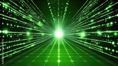 A vibrant green digital tunnel with light beams converging towards a bright center.