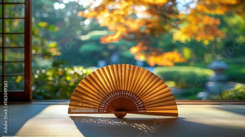 Traditional Japanese Fan in Autumn Garden Setting photo