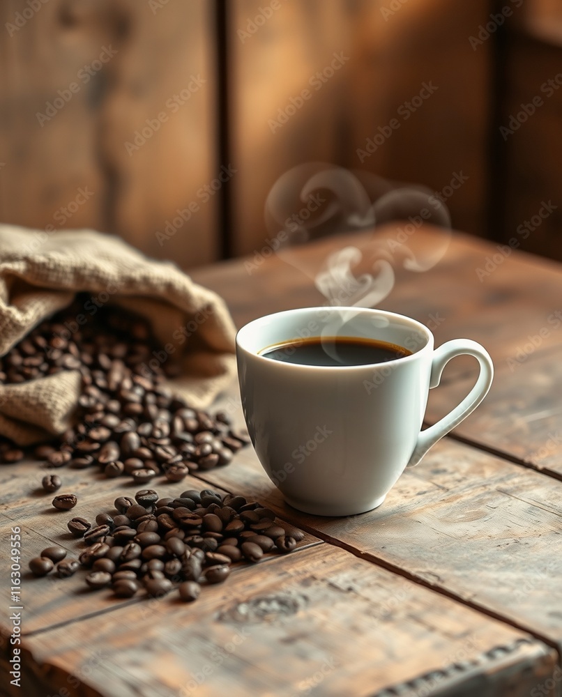 Steaming Cup of Coffee with Freshly Roasted Coffee Beans on Rustic Wooden Table Steaming Cup of Coffee with Freshly Roasted Coffee Beans on Rustic Wooden Table