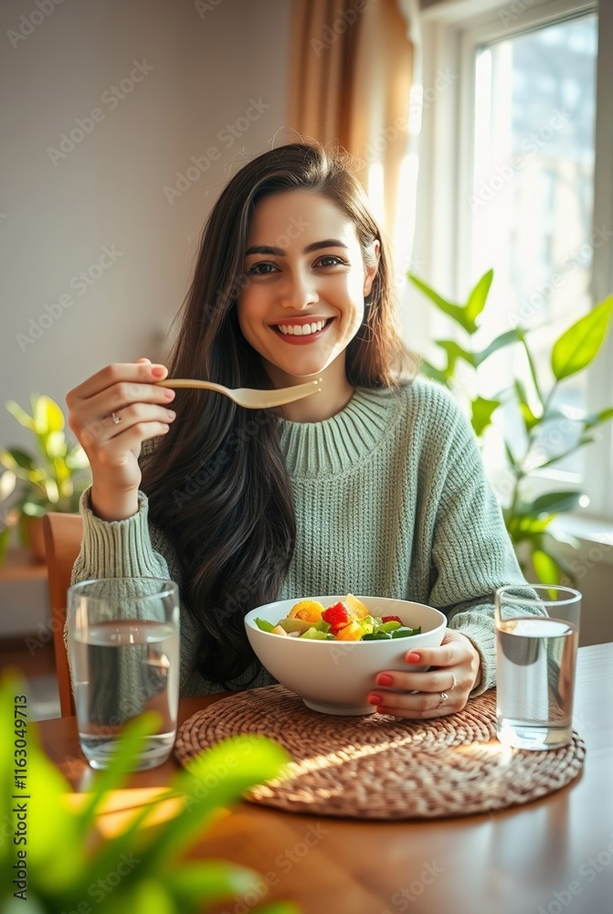 Young Woman Enjoying a Healthy Salad at Home with Natural Light Young Woman Enjoying a Healthy Salad at Home with Natural Light