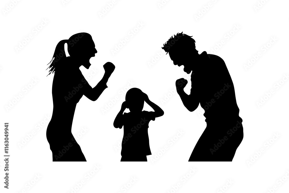 Silhouette of a family in conflict during an argument. Concept of stress, emotional distance. Concept of divorce, disagreement, relationship troubles Silhouette of a family in conflict during an argument. Concept of stress, emotional distance. Concept of divorce, disagreement, relationship troubles
