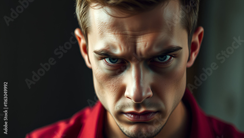 Young Man Staring at Camera with Suspicious Cynical Expression photo