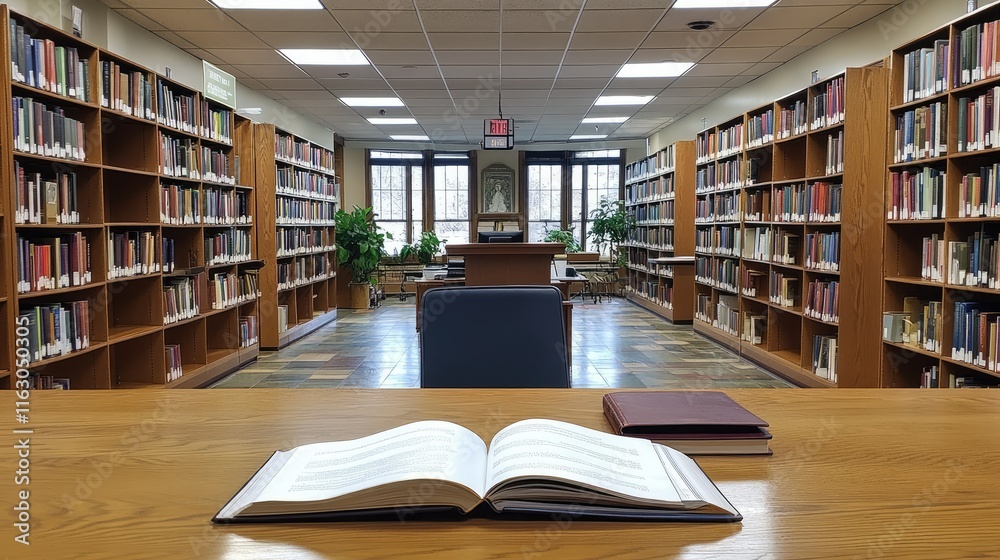 Fototapeta premium Open Book in a Tranquil Library Setting: A Place for Knowledge and Reflection