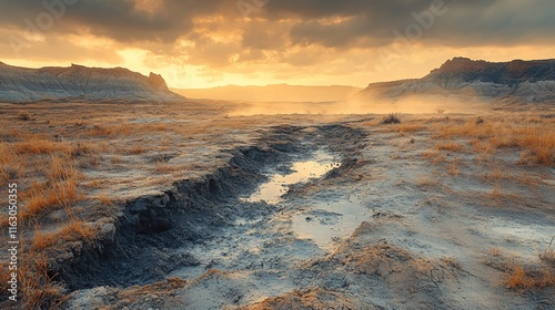 Sunset Over Arid Landscape Eroded Path photo