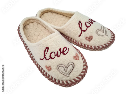 Cozy slippers with love embroidery designed for indoor comfort and relaxation isolated on transparent background photo