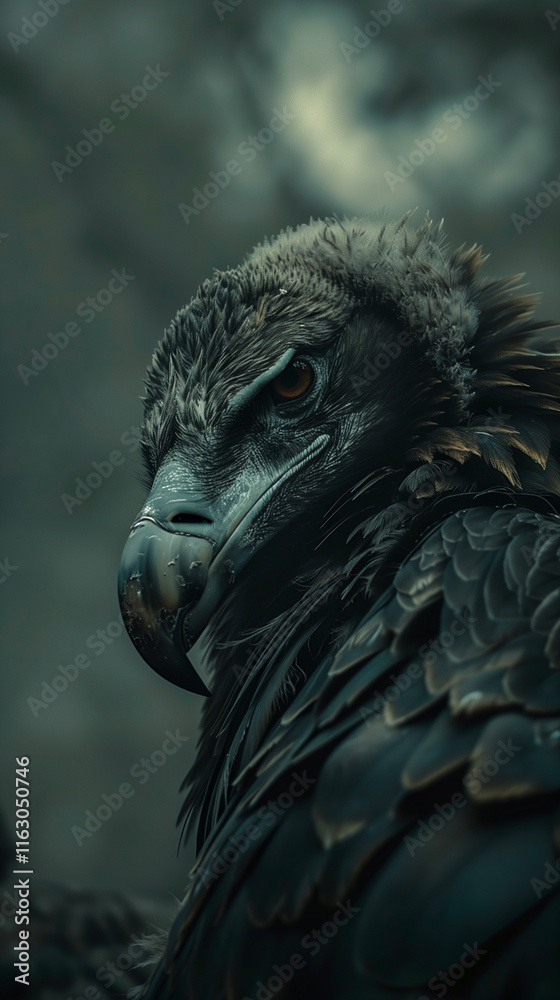 Majestic black vulture close-up portrait showing detailed feathers and powerful hooked beak against dark forest background, highlighting its piercing amber eye and natural hunting traits. Majestic black vulture close-up portrait showing detailed feathers and powerful hooked beak against dark forest background, highlighting its piercing amber eye and natural hunting traits.