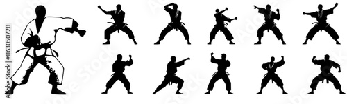 set of silhouettes of people doing karate fighting, martial arts