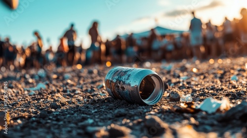 A crushed beer can lying on the ground at a music festival, with crowds in the background photo