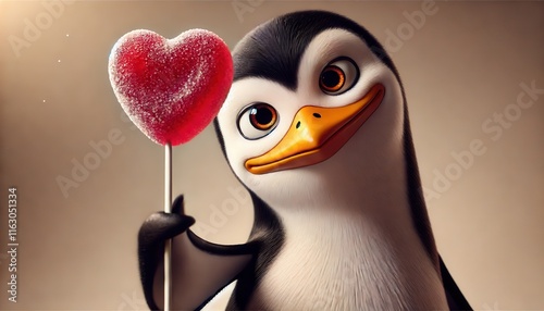 A funny penguin holds out sweet sugar heart on a stick to the camera, symbol of love, valentine