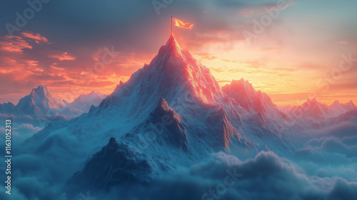 A digital mountain summit with a glowing flag planted at the peak