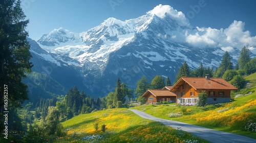 Alpine Chalets Nestled In A Mountain Meadow