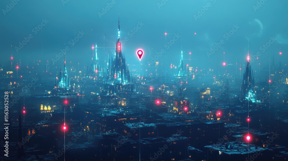 Fototapeta premium A futuristic cityscape illuminated by neon lights and digital markers in a misty atmosphere.