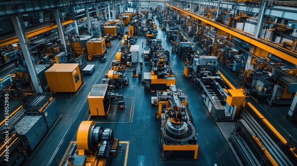 Modern Industrial Factory Interior with Machinery and Equipment, High-Tech Manufacturing Facility, Aerial View of Production Line, Automation and Robotics in Industry 4.0 Modern Industrial Factory Interior with Machinery and Equipment, High-Tech Manufacturing Facility, Aerial View of Production Line, Automation and Robotics in Industry 4.0