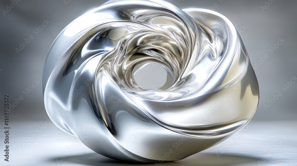 Abstract metallic sculpture with swirling, reflective surface and central hole. Abstract metallic sculpture with swirling, reflective surface and central hole.