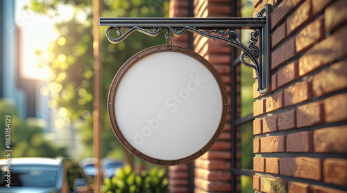 Blank Round Signboard Hanging from Decorative Metal Bracket – Urban Brick Wall Scene with Modern Background and Natural Sunlight