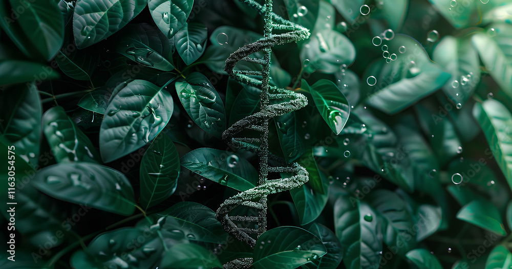 Obraz premium Representation of DNA double helix entwined with lush green leaves illustrating the connection between nature and science in a serene environment