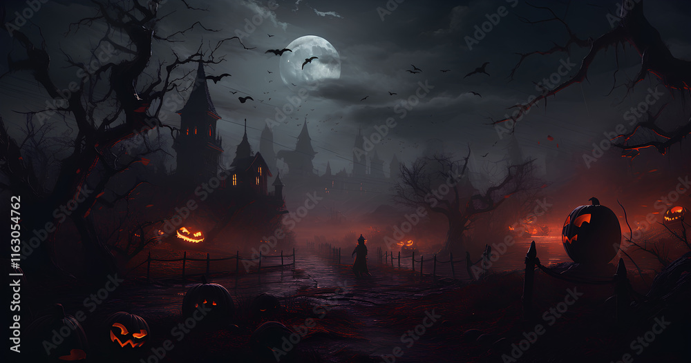 Haunting landscape under a full moon with a dark castle, twisted trees, and glowing pumpkins, creating a frightening atmosphere on a Halloween night Haunting landscape under a full moon with a dark castle, twisted trees, and glowing pumpkins, creating a frightening atmosphere on a Halloween night
