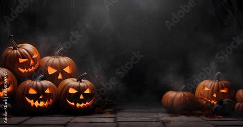 Festive Halloween display featuring carved pumpkins with glowing faces arranged on a dark, misty stone pathway during the spooky season photo