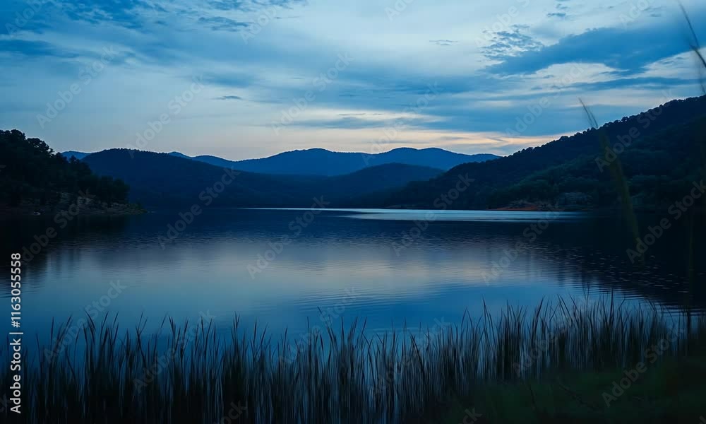 Tranquil lake scene at dusk with mountains and reflective water, creating a serene atmosphere. Tranquil lake scene at dusk with mountains and reflective water, creating a serene atmosphere.