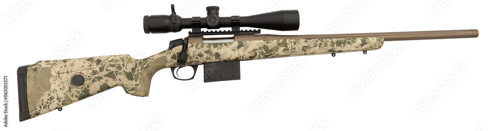 Rifle scope on a camo bolt action rifle