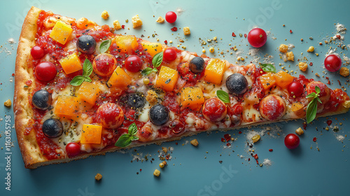 Abstract pizza slice with geometric, colorful toppings like cubes, triangles, and spheres