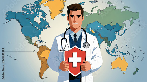 Global Healthcare Illustration Medical Professional with Shield and World Map Symbolizing International Health Services