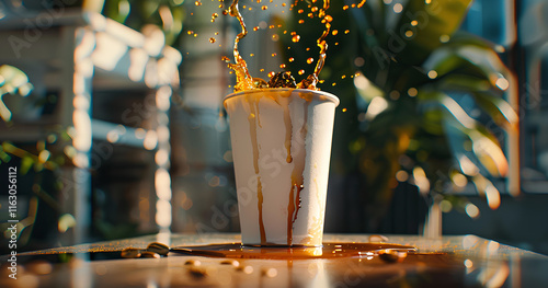 Coffee cup overflowing with hot beverage and beans splashing in a natural setting during bright daylight