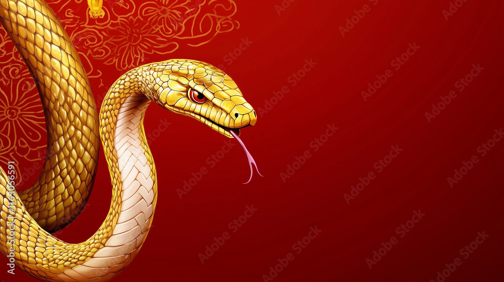 Fototapeta premium Gold snake illustration on red background for Chinese New Year, Year of the Snake