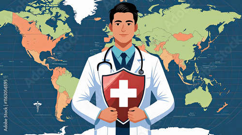 Global Healthcare Illustration Medical Professional with Shield and World Map Symbolizing International Health Services